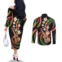 Hawaiian Ukulele Couples Matching Off The Shoulder Long Sleeve Dress and Long Sleeve Button Shirt Jawaiian Fantastic Plumeria LT01 - Polynesian Pride