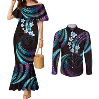 Hawaii Map Kanaka Maoli Couples Matching Mermaid Dress and Long Sleeve Button Shirt Fantastic Frangipani Amethyst Gradient