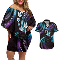 Hawaii Map Kanaka Maoli Couples Matching Off Shoulder Short Dress and Hawaiian Shirt Fantastic Frangipani Amethyst Gradient