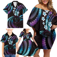 Hawaii Map Kanaka Maoli Family Matching Off Shoulder Short Dress and Hawaiian Shirt Fantastic Frangipani Amethyst Gradient LT01 - Polynesian Pride