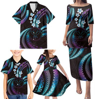 Hawaii Map Kanaka Maoli Family Matching Puletasi and Hawaiian Shirt Fantastic Frangipani Amethyst Gradient