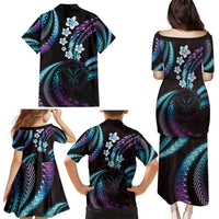 Hawaii Map Kanaka Maoli Family Matching Puletasi and Hawaiian Shirt Fantastic Frangipani Amethyst Gradient