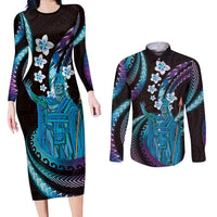 Hawaii King Kamehameha Couples Matching Long Sleeve Bodycon Dress and Long Sleeve Button Shirt Fantastic Plumeria Amethyst Gradient