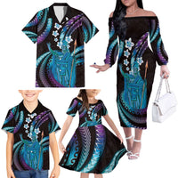 Hawaii King Kamehameha Family Matching Off The Shoulder Long Sleeve Dress and Hawaiian Shirt Fantastic Plumeria Amethyst Gradient LT01 - Polynesian Pride