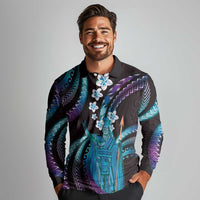 Hawaii King Kamehameha Long Sleeve Polo Shirt Fantastic Plumeria Amethyst Gradient