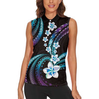 Hawaii Plumeria Women Sleeveless Polo Shirt Amethyst Gradient Polynesian Pattern