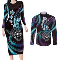 Hawaii Shaka Sign Couples Matching Long Sleeve Bodycon Dress and Long Sleeve Button Shirt Fantastic Frangipani Amethyst Gradient