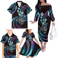 Hawaii Shaka Sign Family Matching Off The Shoulder Long Sleeve Dress and Hawaiian Shirt Fantastic Frangipani Amethyst Gradient LT01 - Polynesian Pride
