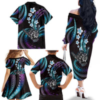 Hawaii Shaka Sign Family Matching Off The Shoulder Long Sleeve Dress and Hawaiian Shirt Fantastic Frangipani Amethyst Gradient LT01 - Polynesian Pride