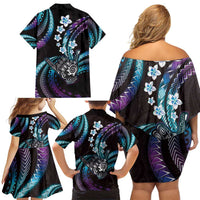 Hawaii Shaka Sign Family Matching Off Shoulder Short Dress and Hawaiian Shirt Fantastic Frangipani Amethyst Gradient LT01 - Polynesian Pride