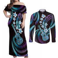 Hawaiian Ukulele Couples Matching Off Shoulder Maxi Dress and Long Sleeve Button Shirt Amethyst Gradient Fantastic Plumeria