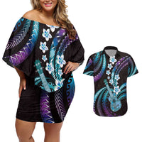 Hawaiian Ukulele Couples Matching Off Shoulder Short Dress and Hawaiian Shirt Amethyst Gradient Fantastic Plumeria