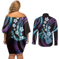 Hawaiian Ukulele Couples Matching Off Shoulder Short Dress and Long Sleeve Button Shirt Amethyst Gradient Fantastic Plumeria