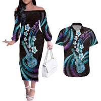 Hawaiian Ukulele Couples Matching Off The Shoulder Long Sleeve Dress and Hawaiian Shirt Amethyst Gradient Fantastic Plumeria
