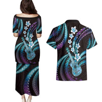 Hawaiian Ukulele Couples Matching Puletasi and Hawaiian Shirt Amethyst Gradient Fantastic Plumeria