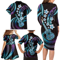 Hawaiian Ukulele Family Matching Long Sleeve Bodycon Dress and Hawaiian Shirt Amethyst Gradient Fantastic Plumeria LT01 - Polynesian Pride