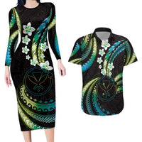Hawaii Map Kanaka Maoli Couples Matching Long Sleeve Bodycon Dress and Hawaiian Shirt Fantastic Frangipani Chartreuse Cyan LT01 Cyan - Polynesian Pride