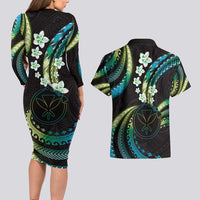 Hawaii Map Kanaka Maoli Couples Matching Long Sleeve Bodycon Dress and Hawaiian Shirt Fantastic Frangipani Chartreuse Cyan LT01 - Polynesian Pride