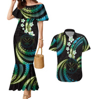 Hawaii Map Kanaka Maoli Couples Matching Mermaid Dress and Hawaiian Shirt Fantastic Frangipani Chartreuse Cyan LT01 Cyan - Polynesian Pride