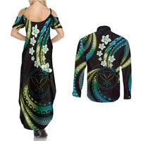 Hawaii Map Kanaka Maoli Couples Matching Summer Maxi Dress and Long Sleeve Button Shirt Fantastic Frangipani Chartreuse Cyan