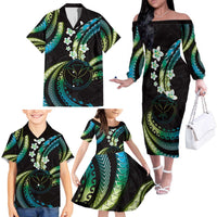 Hawaii Map Kanaka Maoli Family Matching Off The Shoulder Long Sleeve Dress and Hawaiian Shirt Fantastic Frangipani Chartreuse Cyan LT01 - Polynesian Pride
