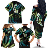 Hawaii Map Kanaka Maoli Family Matching Off The Shoulder Long Sleeve Dress and Hawaiian Shirt Fantastic Frangipani Chartreuse Cyan LT01 - Polynesian Pride
