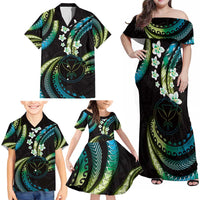 Hawaii Map Kanaka Maoli Family Matching Off Shoulder Maxi Dress and Hawaiian Shirt Fantastic Frangipani Chartreuse Cyan LT01 - Polynesian Pride