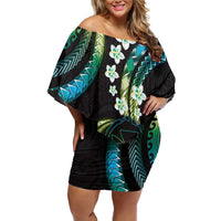 Hawaii Map Kanaka Maoli Family Matching Off Shoulder Short Dress and Hawaiian Shirt Fantastic Frangipani Chartreuse Cyan LT01 Mom's Dress Cyan - Polynesian Pride