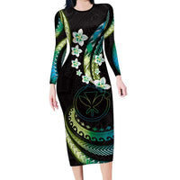 Hawaii Map Kanaka Maoli Long Sleeve Bodycon Dress Fantastic Frangipani Chartreuse Cyan