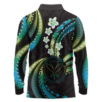 Hawaii Map Kanaka Maoli Long Sleeve Polo Shirt Fantastic Frangipani Chartreuse Cyan