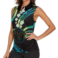 Hawaii Map Kanaka Maoli Women Sleeveless Polo Shirt Fantastic Frangipani Chartreuse Cyan