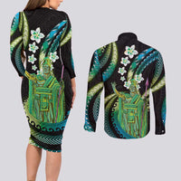 Hawaii King Kamehameha Couples Matching Long Sleeve Bodycon Dress and Long Sleeve Button Shirt Fantastic Plumeria Chartreuse Cyan LT01 - Polynesian Pride