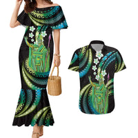 Hawaii King Kamehameha Couples Matching Mermaid Dress and Hawaiian Shirt Fantastic Plumeria Chartreuse Cyan LT01 Cyan - Polynesian Pride