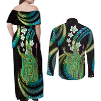 Hawaii King Kamehameha Couples Matching Off Shoulder Maxi Dress and Long Sleeve Button Shirt Fantastic Plumeria Chartreuse Cyan