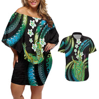 Hawaii King Kamehameha Couples Matching Off Shoulder Short Dress and Hawaiian Shirt Fantastic Plumeria Chartreuse Cyan LT01 Cyan - Polynesian Pride