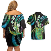 Hawaii King Kamehameha Couples Matching Off Shoulder Short Dress and Hawaiian Shirt Fantastic Plumeria Chartreuse Cyan LT01 - Polynesian Pride