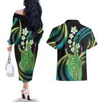 Hawaii King Kamehameha Couples Matching Off The Shoulder Long Sleeve Dress and Hawaiian Shirt Fantastic Plumeria Chartreuse Cyan LT01 - Polynesian Pride