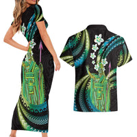 Hawaii King Kamehameha Couples Matching Short Sleeve Bodycon Dress and Hawaiian Shirt Fantastic Plumeria Chartreuse Cyan LT01 - Polynesian Pride