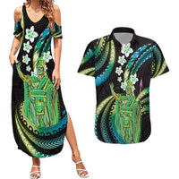 Hawaii King Kamehameha Couples Matching Summer Maxi Dress and Hawaiian Shirt Fantastic Plumeria Chartreuse Cyan LT01 Cyan - Polynesian Pride