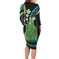 Hawaii King Kamehameha Family Matching Long Sleeve Bodycon Dress and Hawaiian Shirt Fantastic Plumeria Chartreuse Cyan LT01 - Polynesian Pride