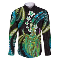 Hawaii King Kamehameha Family Matching Off The Shoulder Long Sleeve Dress and Hawaiian Shirt Fantastic Plumeria Chartreuse Cyan LT01 Dad's Shirt - Long Sleeve Cyan - Polynesian Pride