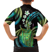 Hawaii King Kamehameha Family Matching Off Shoulder Maxi Dress and Hawaiian Shirt Fantastic Plumeria Chartreuse Cyan LT01 - Polynesian Pride