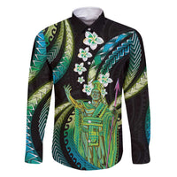 Hawaii King Kamehameha Family Matching Off Shoulder Maxi Dress and Hawaiian Shirt Fantastic Plumeria Chartreuse Cyan LT01 Dad's Shirt - Long Sleeve Cyan - Polynesian Pride
