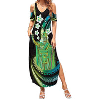 Hawaii King Kamehameha Family Matching Summer Maxi Dress and Hawaiian Shirt Fantastic Plumeria Chartreuse Cyan LT01 Mom's Dress Cyan - Polynesian Pride