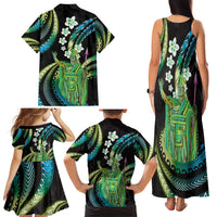Hawaii King Kamehameha Family Matching Tank Maxi Dress and Hawaiian Shirt Fantastic Plumeria Chartreuse Cyan LT01 - Polynesian Pride