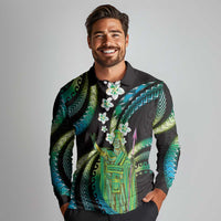 Hawaii King Kamehameha Long Sleeve Polo Shirt Fantastic Plumeria Chartreuse Cyan