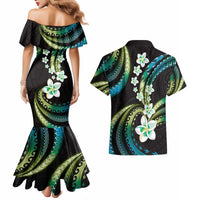 Hawaii Plumeria Couples Matching Mermaid Dress and Hawaiian Shirt Chartreuse Cyan Polynesian Pattern