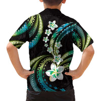 Hawaii Plumeria Family Matching Off Shoulder Short Dress and Hawaiian Shirt Chartreuse Cyan Polynesian Pattern