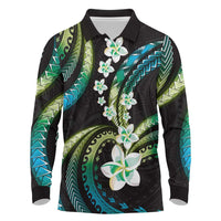 Hawaii Plumeria Long Sleeve Polo Shirt Chartreuse Cyan Polynesian Pattern