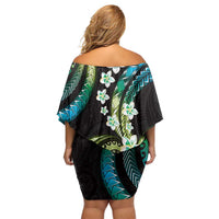 Hawaii Plumeria Off Shoulder Short Dress Chartreuse Cyan Polynesian Pattern